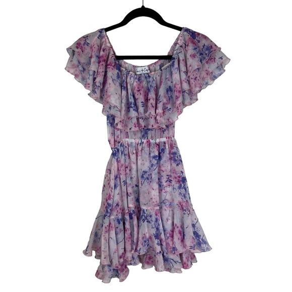 Cari Capri Floral Print Barbados Mini Dress Size XS Ruffle Purple Off Shoulder - Picture 1 of 9